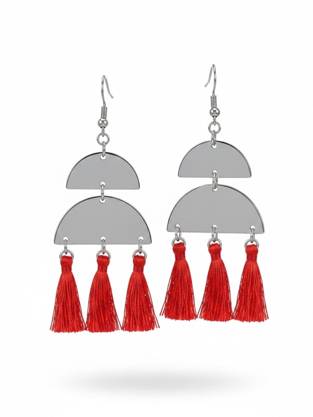 Handmade boho mixed mediaā red tassel silver metal stainless steel hook earrings